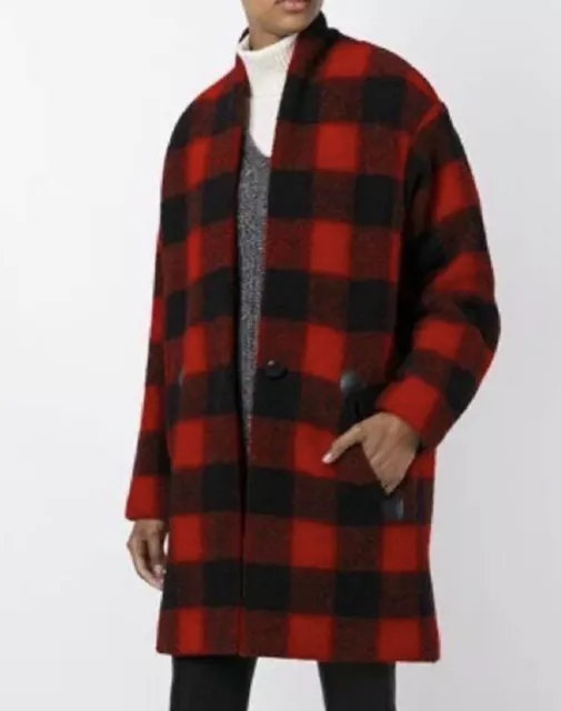 Isabel Marant Etoile Gabrie Plaid Wool Blend Coat Red Black Women's Size 34