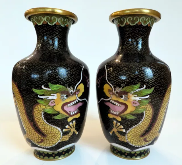 A Vintage Pair of Famille Noir Chinese Cloisonné Dragon Vases 7" Perfect