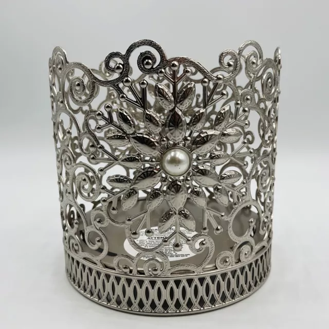 Bath & Body Works Candle Holder Silver Flower Floral Lattice Pearl For 3 Wick