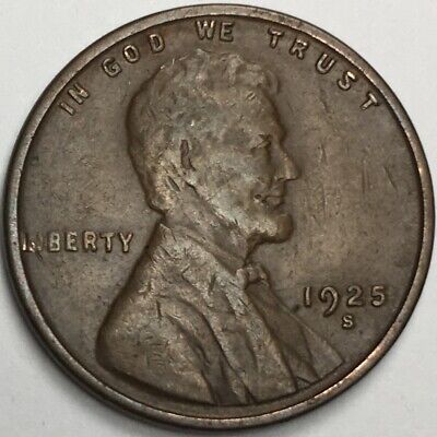 1925-S United States Lincoln Wheat Cent Penny - (F/VF) KM#132 - WC25SF