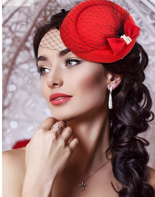 Red Womens Fascinator Black Short Veil Bow Pillbox Cocktail Party Hat New