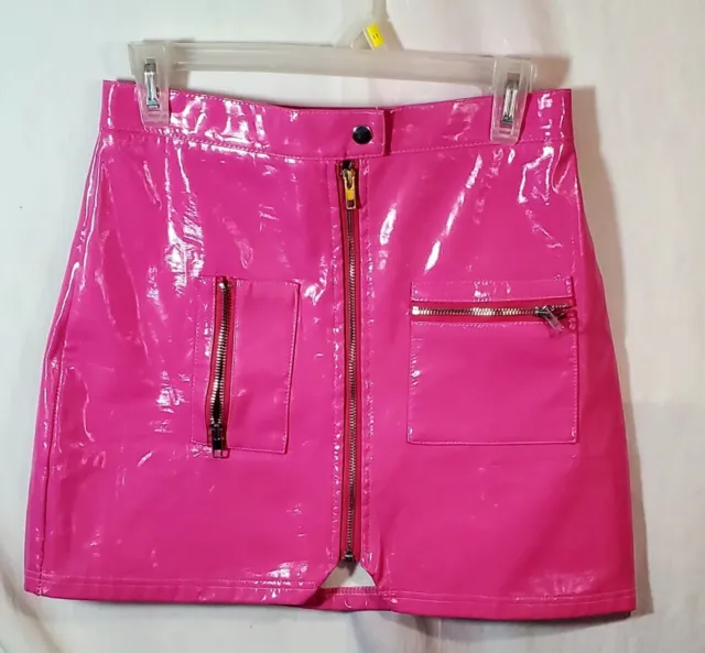 Hot Pink Faux Latex Mini Skirt Size Large Front Zipper Closure