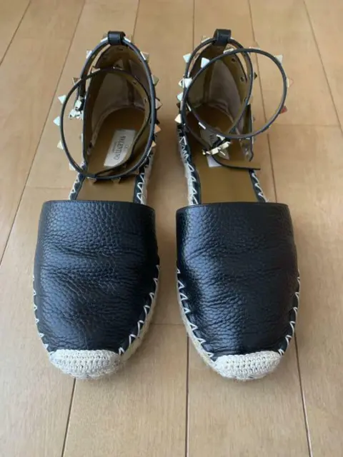VALENTINO GARAVANI Espadrille Rock Studs Sandals 38 Black X Gold Auth Women Used