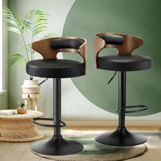 Oikiture 2×Bar Stools Kitchen Gas Lift Swivel Chairs Stool Wooden Barstool Black