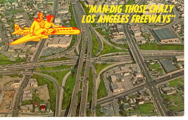 Vintage Postcard CA Los Angeles Aerial View Freeways Airplane -1417