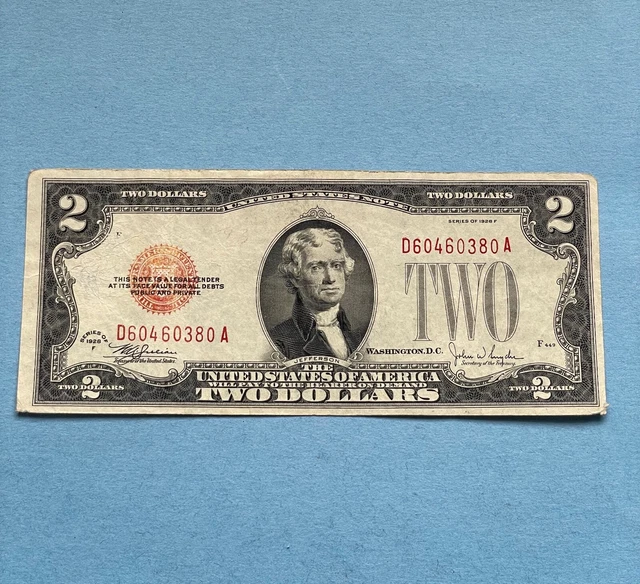 1928 F $2 Two Dollar Red Seal Legal Tender United States Note LITE Seal VF