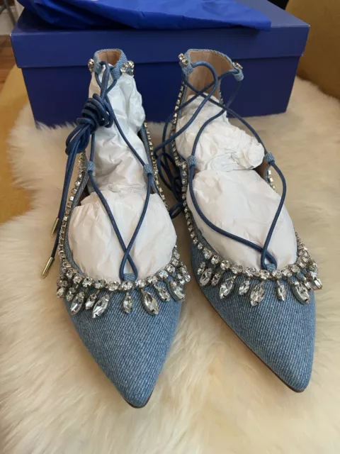 Brand New Aquazzura Christy Jeweled Denim Lace-up Flats 37.5