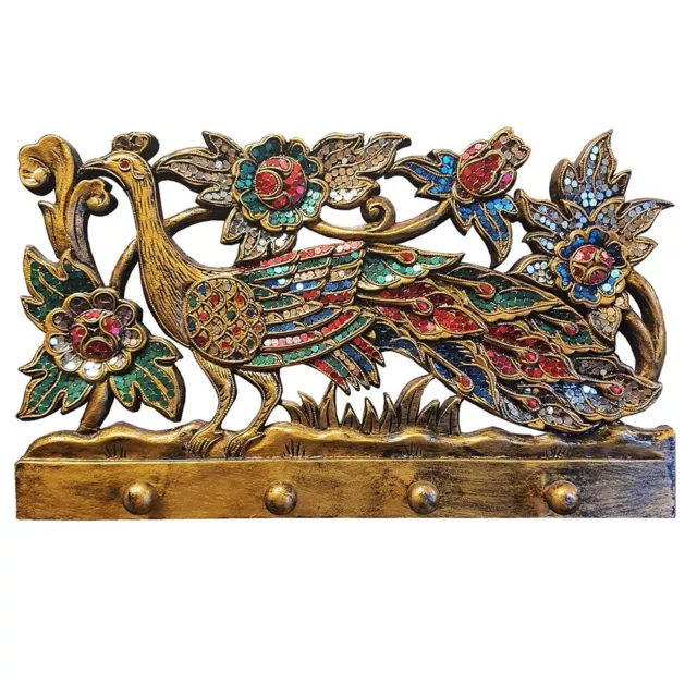 Wood Gold Peacock Clothes Hanger Hooks Wall Mounted Antique Style Hand Carved