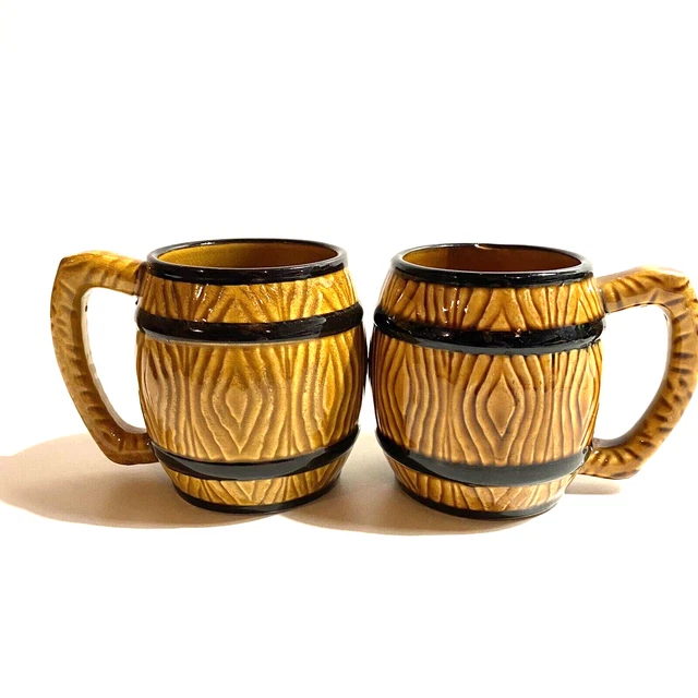 2 x Wood Grain Wine Barrel Shape Root Beer Mugs 9cm Vtg Retro MCM Ceramic Japan