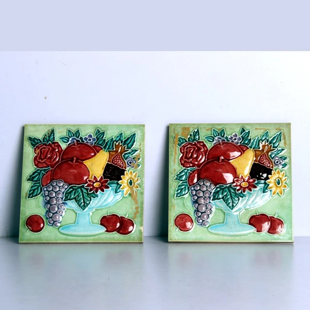 2 Pc Vintage Majolica Decorative flower Art Embossed Tiles Japan 10851