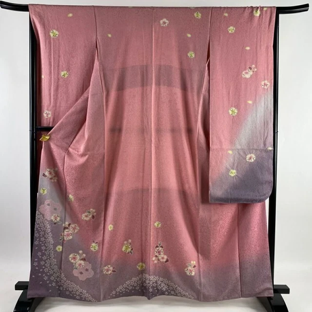 Japanese Kimono Furisode Pure Silk Tsujigahana Pattern Cherry Blossoms Pink
