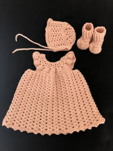 Handmade Crocheté 0-6 Mois Robe Bébé Fille, Capot Et Chaussons