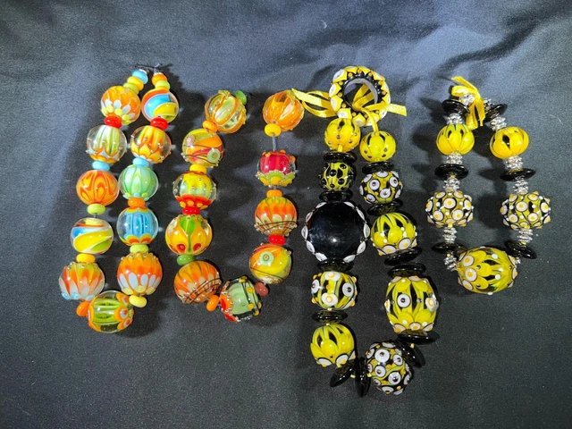 M724) New Lot 4 Handmade Unnamed Lampwork Yellow Orange Art Glass Bead Strings