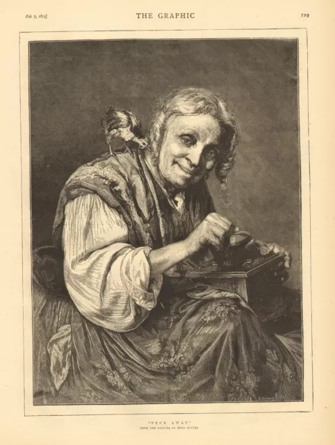 Elderly Woman, Grinding Coffee, Chicken On Her Shoulder, 1874 Antique Art Print