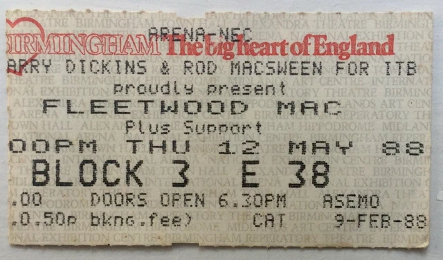 Fleetwood Mac Original Used Concert Ticket NEC Arena Birmingham 12th May 1988