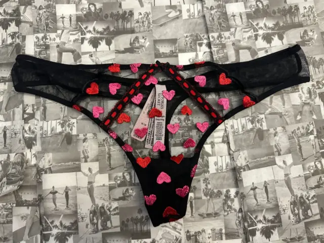 NWT Victoria's Secret DREAM ANGELS Embroidered Red Pink Heart Mesh Thong Panty M