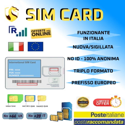 Sim Card Anonima - FUNZIONANTE IN ITALIA - NUOVA AUTO-ATTIVANTE - Pref.Int NO UK Sim Card Anonima - FUNZIONANTE IN ITALIA - NUOVA AUTO-ATTIVANTE - Pref.Int NO UK