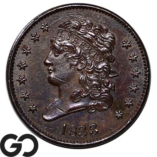 1833 Half Cent, Classic Head, Choice BU Early Date Copper