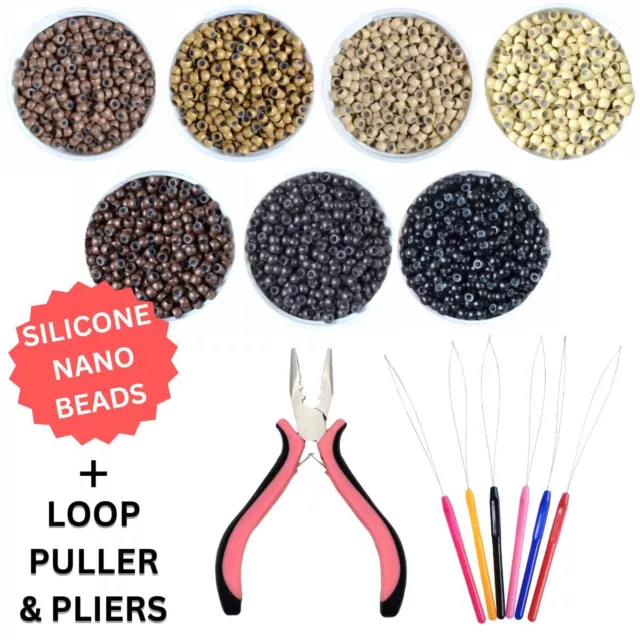 Silikon Nano Ringe Perlen Haarverlängerung Fitting Kit, rosa Zange & Schlaufenabzieher