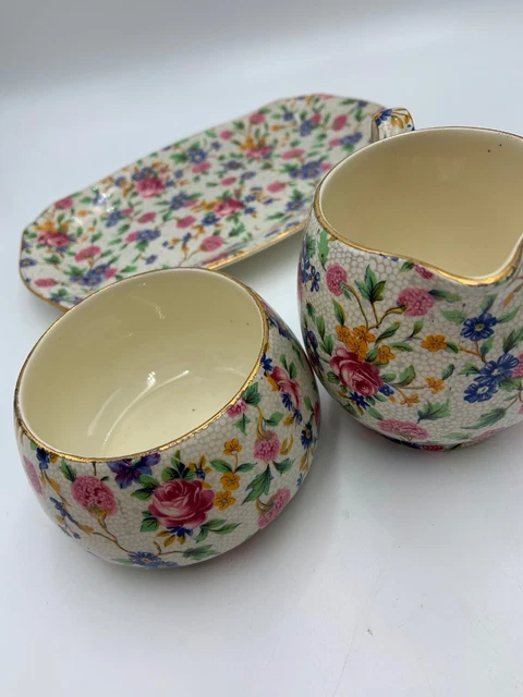 Royal Winton Grimwades OLD COTTAGE CHINTZ Sugar Bowl Creamer Tray Vintage 8