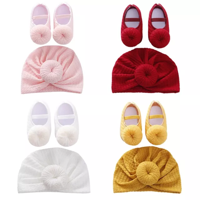 Baby Girls Princess Shoes Beanie Hats Turban Bow Knot Kids Toddler Head Wrap 2Pc 2