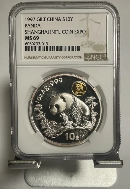 1997 China Silver Panda 1 Oz Coin - Shanghai Int'l Stamp & Coin Expo NGC MS69