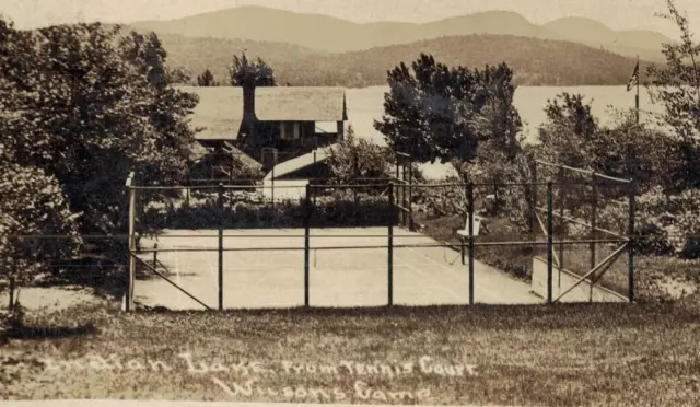 1930 RPPC Indian Lake New York Tennis Court USA Flag Real Photo Vintage Postcard