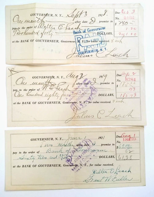 1918 Bank Receipts, Check PAID Walter Leach