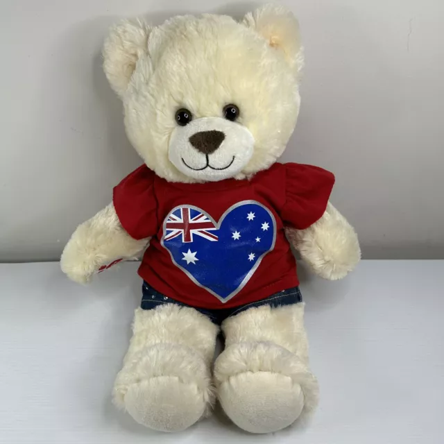 Build-A-Bear Workshop Cream Plush Teddy with Australia Day T Shirt Denim Shorts