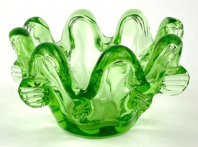 Vintage Green Art Glass Ruffled Dish MCM Candy Trinket Bowl