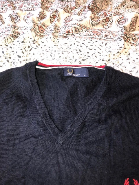 FRED PERRY - Navy - Lana / Cotone - Collo a V - Manica lunga - Maglione - XL