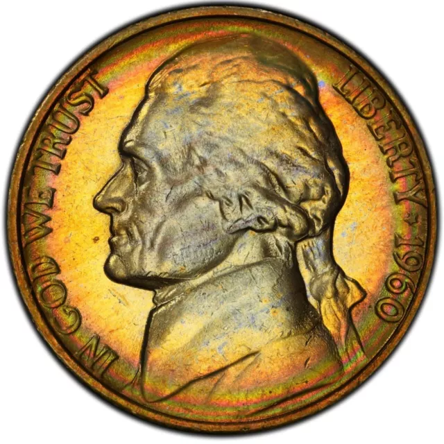 MS65 1960 5C Jefferson Nickel, PCGS Trueview- Pretty Rainbow Album Toned