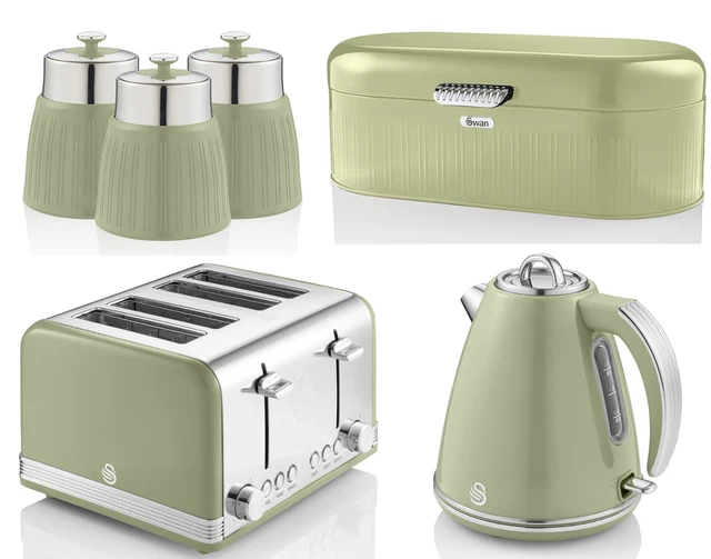 SWAN RETRO GREEN Jug Kettle 4 Slice Toaster Breadbin Canisters Kitchen Set of 6 £209.95