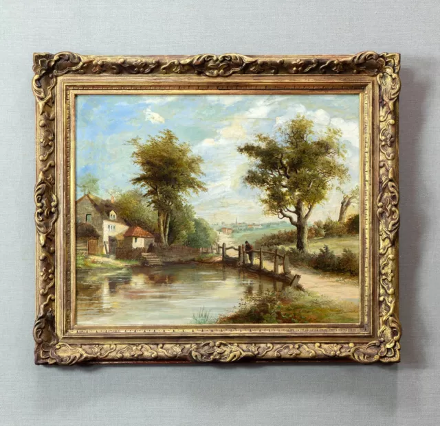 Fishing by the Pond | 19th Century Antique English Landscape Oil Painting