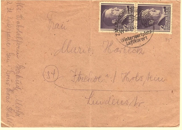 DR Generalgouvernement 1944 MeF-SoSt.-Briefumschlag Nr. 75(2) Zakopane / Itzehoe
