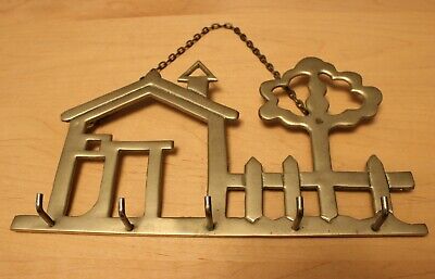 Vintage Solid Brass House Themed Wall Mount Key Hook, Rare Chain Mount Version