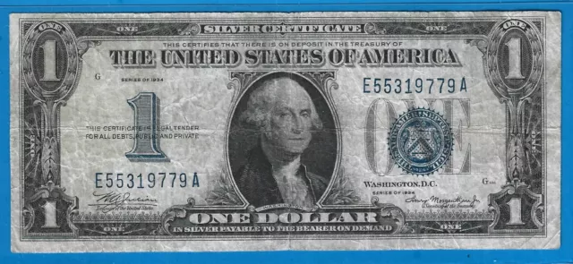 1934 $1 Silver Certificate Funny Back Note,Blue Seal,Circ Fine,Nice!