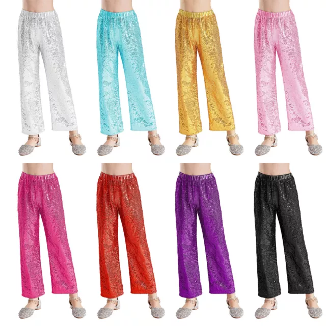 Kids Girls Pants Sparkling Dance Sequins Trousers Street Bottoms Clubwear Show