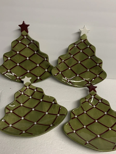 New Pottery Barn Set 4 Seasons Greetings Christmas Tree Serving Plates NEW/ Box