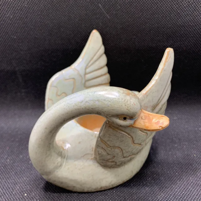 Vtg Ceramic Pottery Swan Bird Figurine Green Votive Candle Holder Trinket Dish
