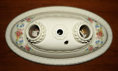 Vintage Art Deco Two Bulb Flush Mount Porcelain Ceiling Light Fixture 10-1/2"L