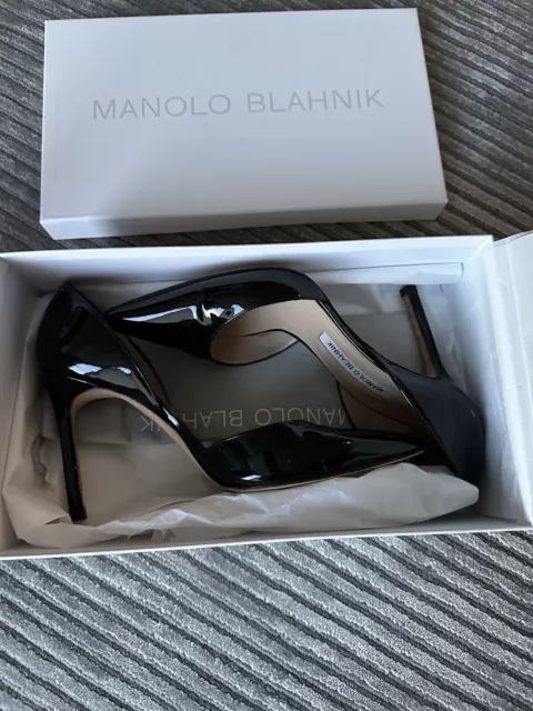 MANOLO BLAHNIK TAYLER Black Patent Leather d' Orsay Pumps Sz 37.5