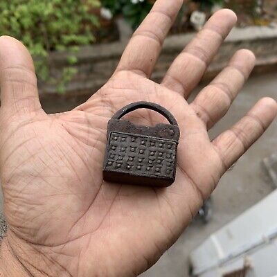 1850's Iron padlock or lock with SCREW TYPE key, miniature, old or antique.