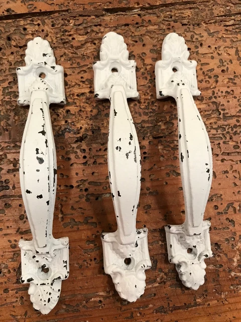 (3) THREE White CAST IRON Rustic Cabinet Shed Gate Door Drawer Handles Pulls