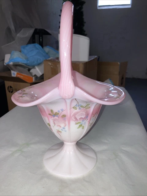 VINTAGE 10 1/2” Fenton Rosalene Handpainted Roses Basket Artist