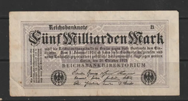 Infla - Reichsbanknote Fünf Milliarden Mark - B, verausgabt 20. Oktober 1923 s.u