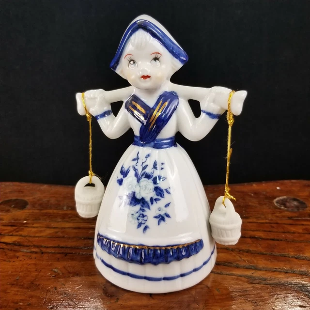 Vintage Dutch Girl Dairy Maid Milkmaid Bell Figurine Blue White Pails Porcelain?