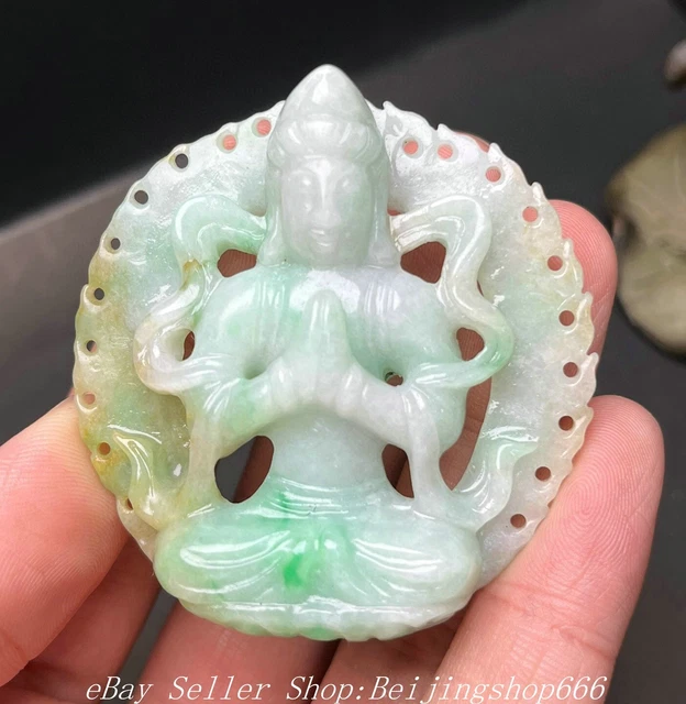 2.2" Chinese Natural emerald Jade Jadeite Carved Kwan-yin Guan Yin Pendant