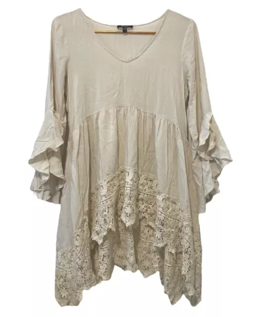 Cupio Free People Boho Ivory Lace Hem Bell Sleeve Blouse Size Medium