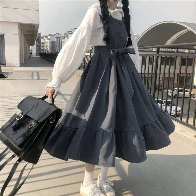 Ragazze Donne Retrò Maglione Gonna Fiocco Increspatura Solido Gilet Lungo Abito